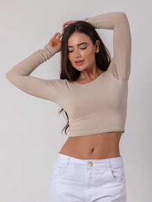 Cropped Costa Nua Manga Longa RCL MODAS - Bege - Visão 1