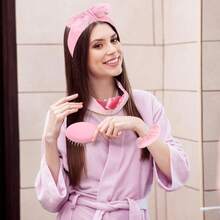 7/14/42pcs/Set Pink Spa Sleepover Party Favors,Included 6 Pink Spa Headband 6 Plush Sleep Eye Mask 6 Velvet Scrunchies 6 Wristband 6 Hair Brush 6 Clear Cosmetic Bags For Slumber Party Favor Gift, Wedding, Bachelorette, Bridal Shower Gifts - Pink - View 6
