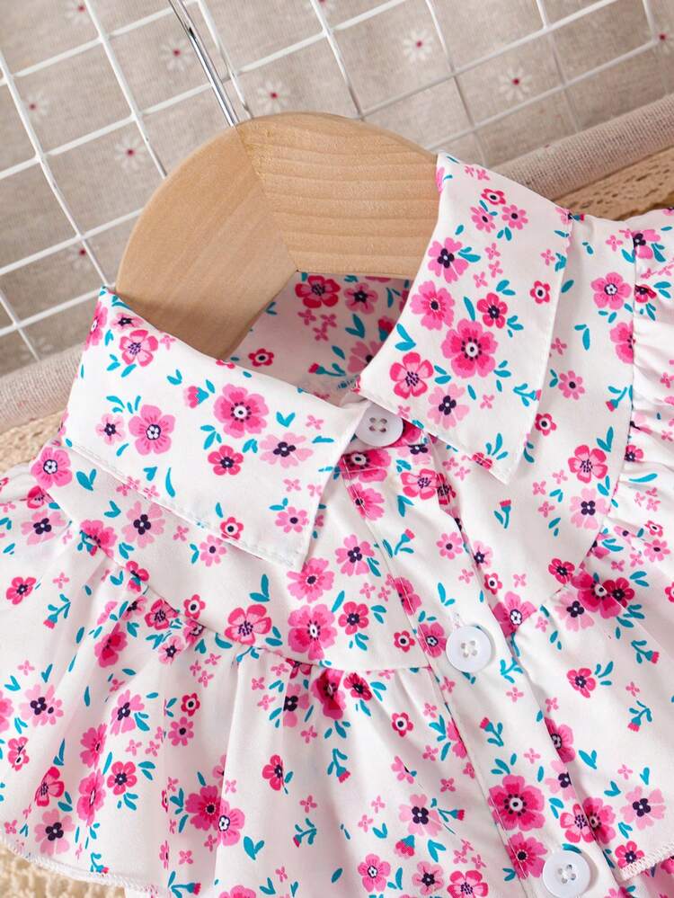 Young Girl Summer Vacation Floral Print Ruffled Collar Sleeveless Contrast Mesh Dress With Belt - Hot Pink - View 5