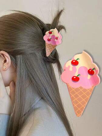 1 pièce Pince à cheveux en acrylique avec imprimé glace à la crème d'été, mignonne et douce, convient pour décorer les coiffures de queue de cheval et chignon quotidiennes, accessoire bohème élégant