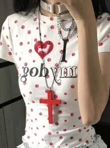 Vintage Gothic Necklace Sweater Chain, Black & White Christian Cross Pendant Necklace For Women, Fashion Jewelry Chain, Lolita Wooden Punk Choker