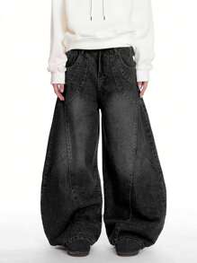 1pc Men's Casual Patchwork Loose Distressed Flare Jeans, Japanese Street Style Baggy Jeans, Grunge Look - Black - View 4