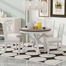 MERAX 5-Piece Retro Functional Dining Table Set Extendable Round Table And 4 Upholstered Chairs For Dining Room And Living Room (Brown+Antique White) - 棕色+古色白 - 查看 2