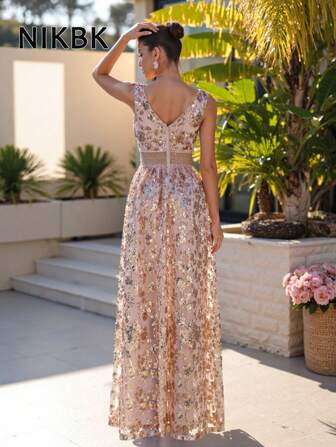 NIKBK 女士夏季深 V 亮片优雅迷人香槟色亮片拼布礼服，适合晚宴、派对之夜、鸡尾酒会正式、晚会、婚礼宾客