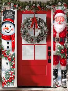 2件套圣诞门对联，圣诞挂旗，涤纶材质，雪人和圣诞老人图案，圣诞快乐家居装饰，圣诞门挂装饰，圣诞家居装饰，圣诞派对背景装饰，圣诞派对用品，圣诞装饰，圣诞拍照道具，圣诞室内外装饰，圣诞派对礼物，圣诞家居装饰