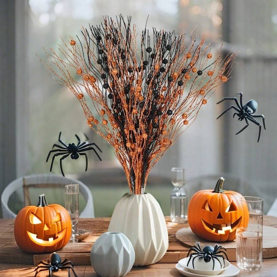 7pcs Artificial Glitter Berry Decor, Halloween Black Glitter Decoration, Orange DIY Gold Powder Crafts Home Decor - Multicolor - View 1