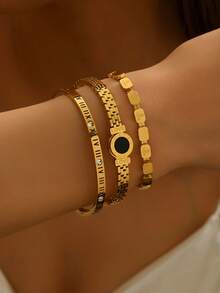 3pcs Elegant Gold Bracelet For Women, Fashionable Roman Time Bracelet, Vacuum Electroplating That Does Not Fade Easily, Bracelet Set, Bracelet Layering Set, Stainless Steel Bracelet Set,Woven Bracelet Stainless Steel Bracelet, Zirconia Bracelet, Nail Bracelet, Titanium Steel Bracelet, Stainless Steel Bracelets, Stainless Steel Bracelet Sets