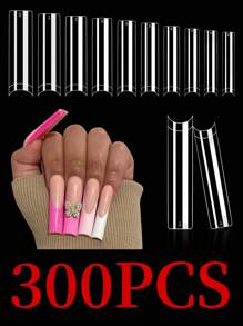 300pcs Square Nail Stickers - Flat Acrylic Nail Stickers Without C-Curve, Half-Covered, Transparent Material, Women False Nails - Clear - View 1