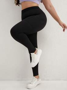 加大码高腰瑜伽紧身裤，带口袋，收腹运动跑步瑜伽裤，女款 - 黑色 - 查看 4