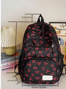 3件套尼龙蝴蝶结印花背包，可折叠多口袋大容量防水拉链背包，适合青少年、高中生、大学生、女士日常使用、通勤、旅行、情人节礼物，可爱蝴蝶结背包，学习用品，书包，学生背包，返校背包 - 黑色 - 查看 5