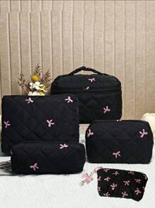 1pc New Embroidered Bow Makeup Bag, High-Aesthetic, Minimalist, Versatile, Quilted Checkered Embroidered Bow Pattern Women Cosmetic Organizer Pouch, Daily Essentials Storage, Student Pencil Case, Suitable For Shopping, Travel, Portable,For Holiday Beach, Bathroom Collection, Bedroom Collection, Large Capacity