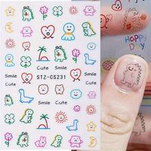 Cute Dinosaur & Japanese Sun Face Nail Stickers - Hypoallergenic Self-Adhesive Nail Art Decals With Glossy Finish, Adorable Cartoon Animal Designs For Fun Manicures - Nhiều màu - Xem 3