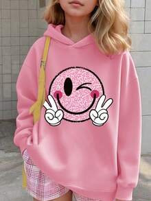 Tween Girl Cartoon Smiling Face Print Warm Hoodie Sweatshirt - Pink - View 6