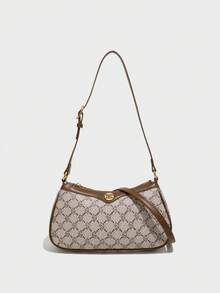 Classic Solid Color PU Waterproof Fabric Shoulder Bag, Metal Buckle Decor, Underarm Baguette Style, All-Over Allover Print Design, Contrast Stitching, Women Wallet, Women Shoulder Bag, Business Commuter Bag, Suitable For Shopping, Commuting To Work, And Social Occasions - Coffee - View 1