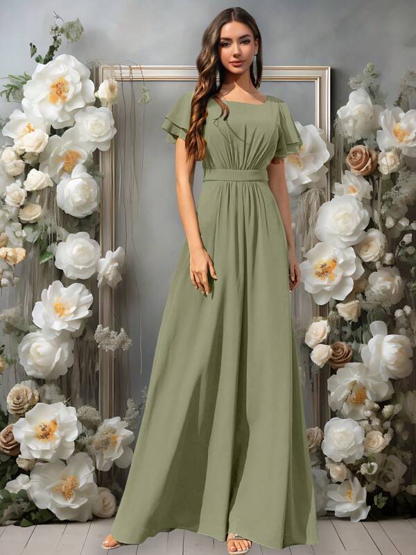 Volly Toych A-Line Scoop Floor-Length Chiffon Formal Bridesmaid Dress With Ruffle