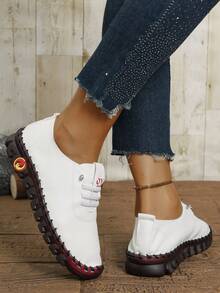 Women's Fashionable Outdoor Canvas Lace-Up Soft Bottom Leather Low Top Flat Shoes - Beige - View 5