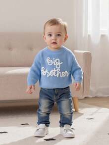 Toddler Boys Knitted Jumper Big Bro Letter Embroidery Round Neck Pullover Sweater Baby Warm Knit Tops Pullover Knitwear - 天藍 - 查看 7