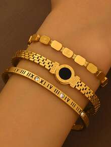 3pcs Elegant Gold Bracelet For Women, Fashionable Roman Time Bracelet, Vacuum Electroplating That Does Not Fade Easily, Bracelet Set, Bracelet Layering Set, Stainless Steel Bracelet Set,Woven Bracelet Stainless Steel Bracelet, Zirconia Bracelet, Nail Bracelet, Titanium Steel Bracelet, Stainless Steel Bracelets, Stainless Steel Bracelet Sets