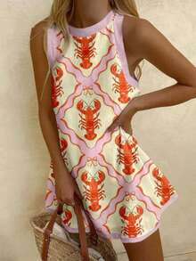 Womens Lobster Shift Dresses 2025 Boho Mini Tank Dress Y2K Sleeveless Cute Graphic Lobster Fish Printed Dress Summer Beach Sundress Casual Beach Vacation Loose Short Dress - trái cam - Xem 1