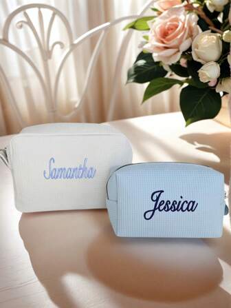 1pc Personalized Large Waffle Cosmetic Bag With Monogram,Toiletry Bag Bride And Groom, Make Up Bags Monogrammed, Gift For Her, All Purpose Bag, Make Up Organizer,Bags & Luggage,2025 Halloween Accessories,Large Capacity