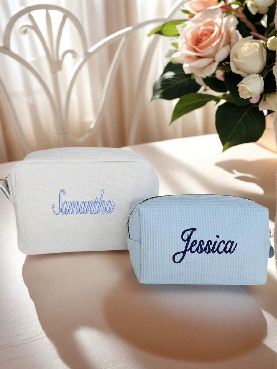 1个个性化大号华夫格化妆包，可定制字母图案，新郎新娘洗漱包，可定制字母图案化妆袋，送给她的礼物，多功能包，化妆品收纳包，行李箱包，配饰，大容量，旅行箱包，包包爱好者，学院风 - 彩色 - 查看 1