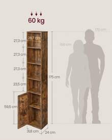 Bibliothèque, Étagère Haute sur 6 Niveaux, avec Porte, Meuble de Rangement Ouvert, 24 x 31,8 x 175 cm/ 24 x 60 x 175 cm, pour Salon, Bureau, Salle à Manger, Marron Rustique - Tabac - Voir 5