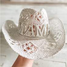 Customized Pearl Rhinestone White Straw Cowgirl Hat | Bridal Gifts | Nashville Bachelorette Party | Beachy