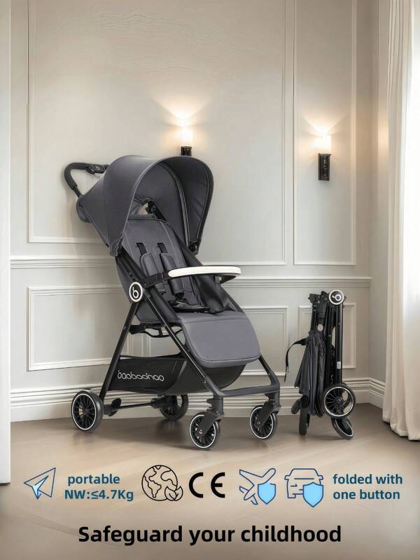 1 pieza Cochecito de bebé, certificado CE, solo 0.47kg, 1 tecla Fold, reclinable, adecuado para el hogar, exterior, viaje, avión y tren