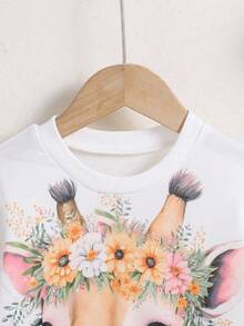 女童趣味可爱长颈鹿印花长袖圆领上衣和花卉印花长裤两件套服装套装，秋冬 - 白色 - 查看 3