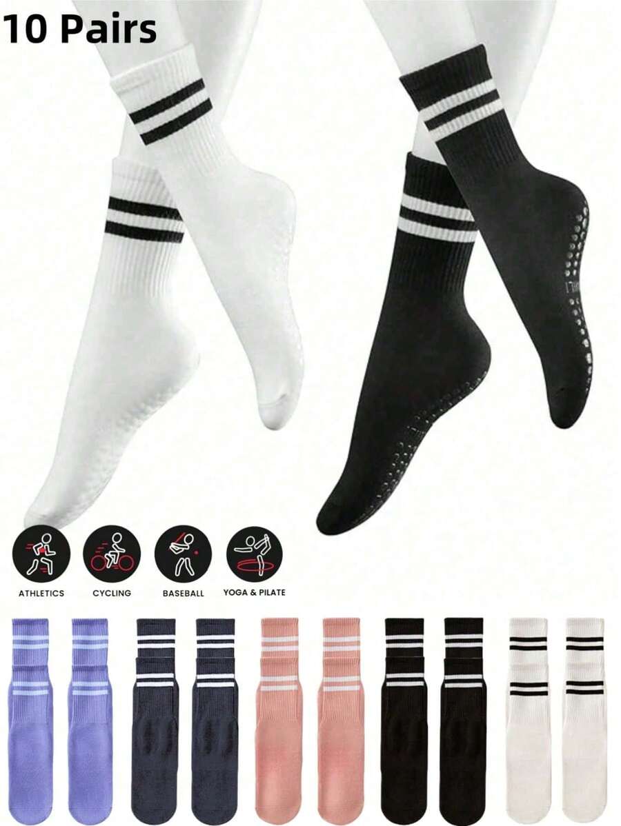 10 Pairs Non-Slip Pilates Socks, Women's Pilates Non-Slip Socks, Pilates Sticky Socks, Yoga Non-Slip Socks, Black White Pink Sports Socks - Multicolor - View 1