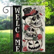 1PC Welcome Decor Garden Flag With Skull And Spider Web Design Perfect For Halloween Garden Displays In Bright Daylight Create A Spooky Atmosphere With Roses Jack Lantern And Elegant Top Hat 11.81x17.72inch - 彩色 - 查看 3