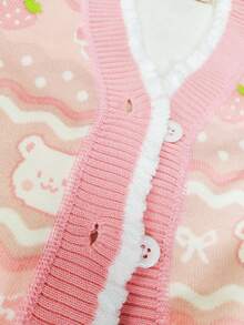 enmi bear Girls' Casual Cute Bear Print Warm Knitted Cardigan, Comfortable & Cozy For Autumn/Winter - Pink - View 6