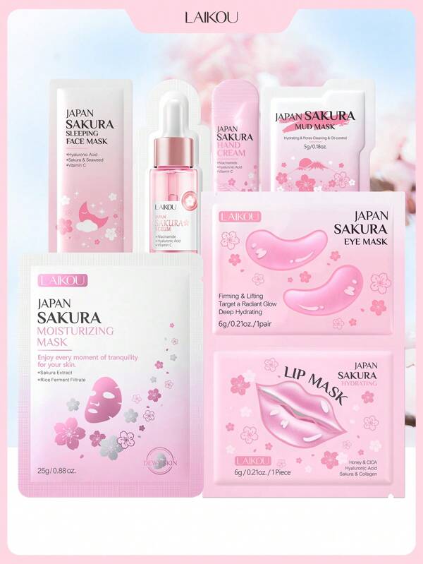 LAIKOU Juego de 7 piezas de cuidado de la piel de Sakura de LAIKOU Japón, incluye máscara facial para viaje y dormir, crema de manos, esencia hidratante, máscara de barro, suero antiedad, máscara labial y máscara para ojos - un regalo de cuidado personal, maquillaje y spa para mujeres, mamá, esposa, hermana, adolescente, novia