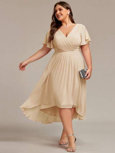 Plus Size Women's Double V-Neck Ruffles Sleeve A-Line Chiffon Midi Wedding Guest Dress Bridesmaid Dress, Valentine's Day