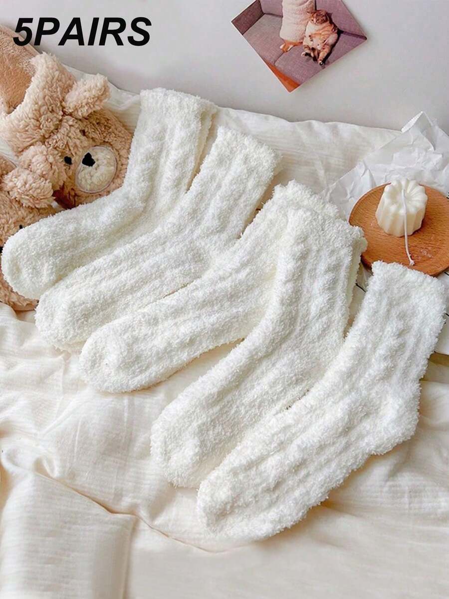 5 Pairs Solid Color Coral Fleece Casual Mid-Calf Socks For Women, Black & White, Autumn/Winter Christmas Gift