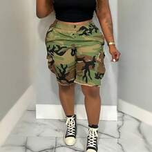 Plus Size European & American Style Camouflage Elastic Waist Loose Casual Comfortable Multi-Pocket Shorts - xanh quân đội - Xem 5