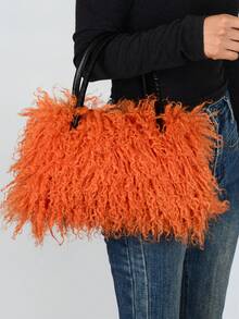 Furry Shoulder Bag For Women Fuzzy Faux Fur Large Tote Handbag Cute Soft Fluffy Purse Tote Bag For Women, Lightweight Puffy Tote Bag With Compartments Quilted Shoulder Bag  Furry Purse Fluffy Tote Bags For Women Winter Faux Fur Bag Fuzzy Purses And Handbags - 橘色 - 查看 3