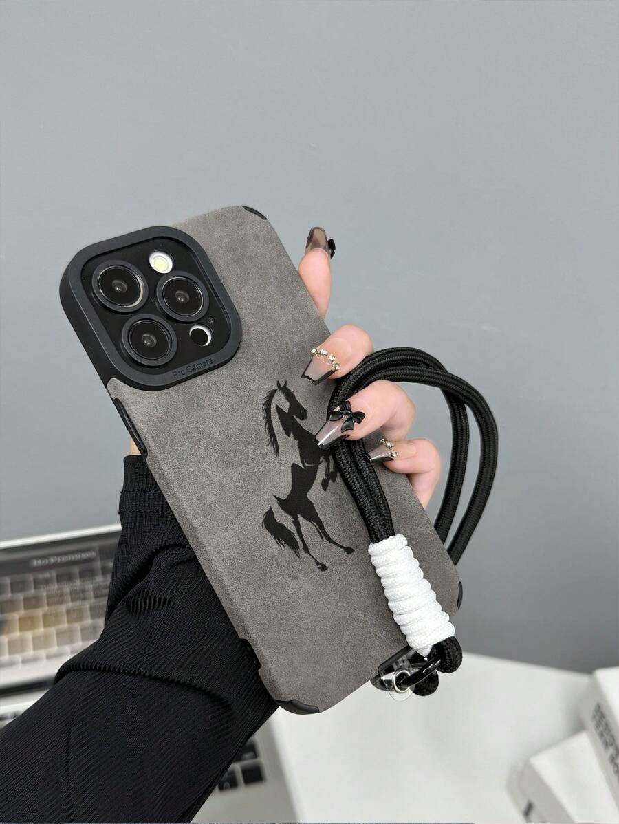 1pc Horse Pattern PU Leather Phone Case With Lanyard, Compatible With Apple 11 12 13 14 12 Pro Max 13 Pro Max 14 Pro Max 15 15 Pro 15 Plus 15 Pro Max 16 16 Pro 16 Plus 16 Pro Max Waterproof Shockproof Anti-Fall Scratch Resistant - Multicolor - View 1