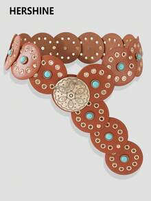 1 szt. Turkusowy pasek damski w stylu vintage, styl boho, styl zachodni, złoty pasek z okrągłą klamrą i ozdobnymi przelotkami, jednolity kolor, boho, skórzany pasek ze skóry PU, odpowiedni do sukienek, spódnic, koszul, spodni, szkoły, na wakacje, na co dzień, na imprezy