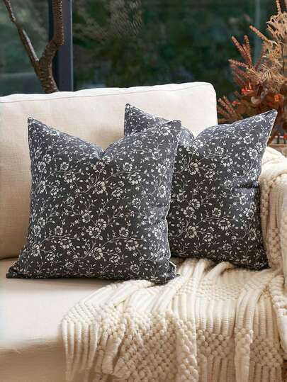2 件复古花卉印花枕套，圣诞节、年终冬季花卉装饰枕套，柔软植物印花沙发靠垫套，适用于卧室、客厅、餐厅、宿舍、返校季节家居装饰腰垫套（不含枕芯）