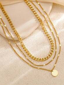 2pcs Stainless Steel Round Pendant Triple Layer Necklace, Minimalist Round Pendant Curb Chain Layered Necklace, Lightweight Luxury Necklace Suitable For Girls And Women - Yellow Gold - View 3