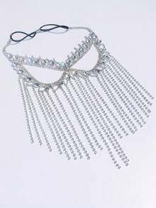 1pc Multi-Layer Rhinestone Decorated Tassel Mask, Luxury Party Accessory For Women,Halloween - Silver - View 3