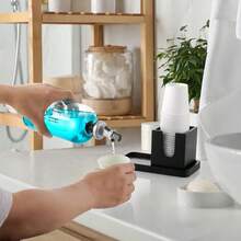 16oz Glass Mouthwash Dispenser Set With Wooden Tray & Cup - Rustic Farmhouse Bathroom Organizer, Countertop Storage For Dental Care Essentials, Navy Blue Decorative Bottle With Easy Pour Spout - 黑色 - 查看 6