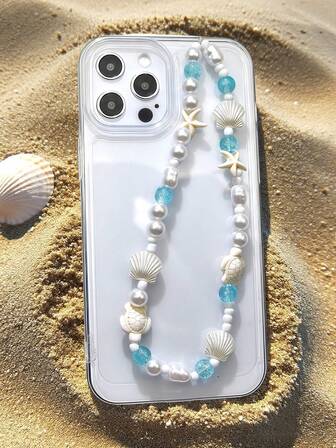 Correa para teléfono inteligente con estilo de vacaciones de verano, con perlas falsas blancas, cuentas de concha de tortuga y estrella de mar - Cadena de teléfono bohemia y de playa, compatible con iPhone 15 Pro Max, Galaxy S24 y la mayoría de teléfonos inteligentes, de longitud ajustable 34cm+5cm, hecha a mano con conchas naturales, cristales acrílicos y cuentas de turquesa - Accesorio estético de festival para mujeres y niñas, esencial de festival de música, regalo para dama de honor, novia, madre, familia, amigos, niños, cumpleaños, vacaciones