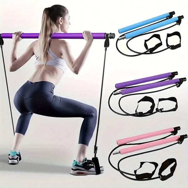 1 Set de Barras de Yoga y Pilates multiusos y desmontables, equipadas con bandas de resistencia y barras de fitness de acero inoxidable, adecuadas tanto para mujeres como para hombres, para ejercicios de gimnasio en casa, ejercicios de sentadillas, yoga y pilates, así como para el moldeo corporal