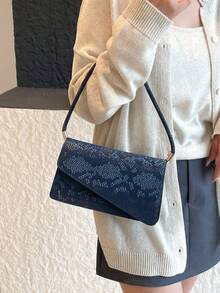 时尚百搭纯色鳄鱼压纹女士单肩包/腋下包 - 藍色 - 查看 1