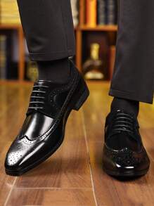 New Carved Brogue Oxford Formal Dress Shoes, Lace-Up Derby Pointed Toe Wedding Shoes For Men, Plus Size