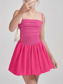 EXARUS Girls Flowy Ruffled Hem/Puff Bubble Dress Teen Ruched Summer Adjustable Spaghetti Strap Casual Cami Mini Dresses - 玫紅色 - 查看 4