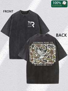 Roost Camo Shield Double-Sided Pattern Print, Fine 230g Washed Old Batik Thickened Pure Cotton T-Shirt, Women's Fashion Casual Premium Pure Cotton T-Shirt, Short Sleeve Round Neck T-Shirt - màu đen - Xem 1