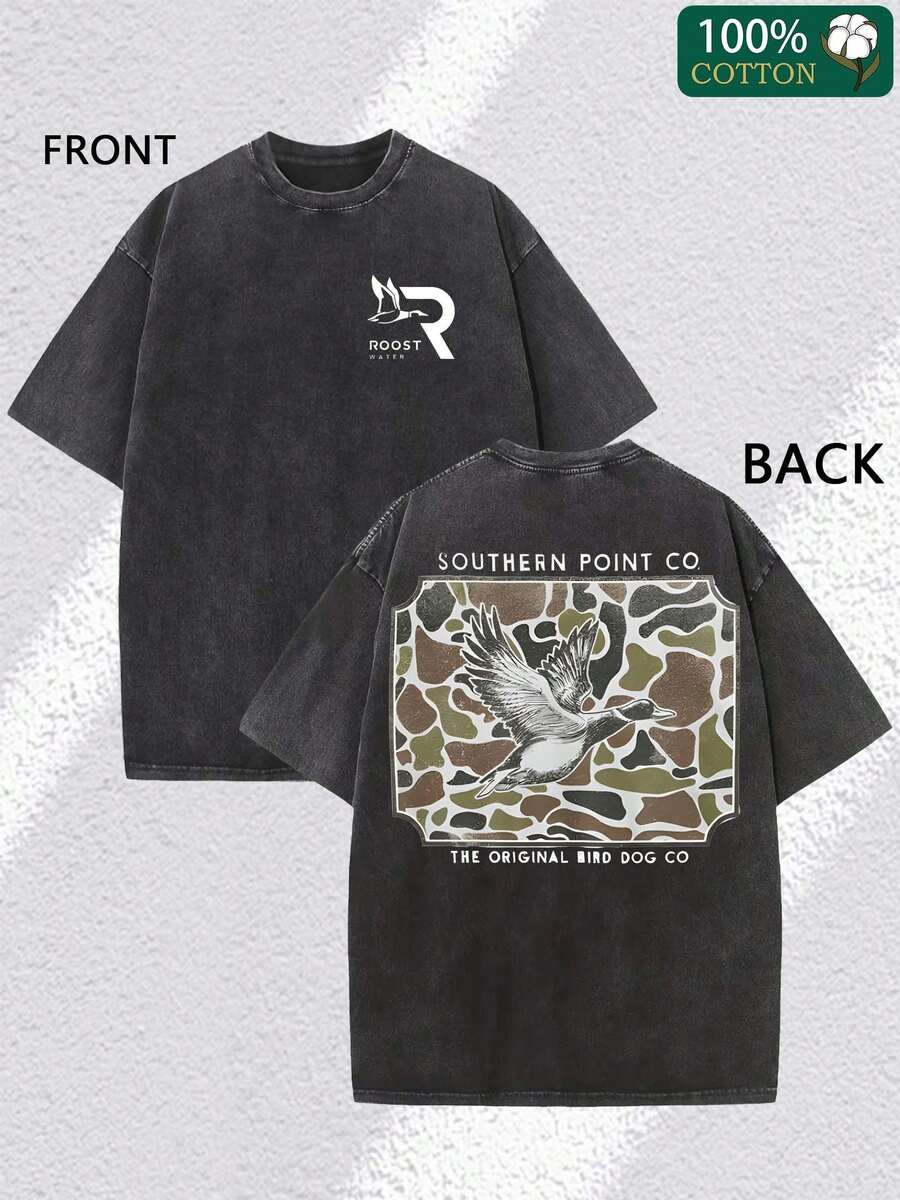 Roost Camo Shield Double-Sided Pattern Print, Fine 230g Washed Old Batik Thickened Pure Cotton T-Shirt, Women's Fashion Casual Premium Pure Cotton T-Shirt, Short Sleeve Round Neck T-Shirt - màu đen - Xem 1